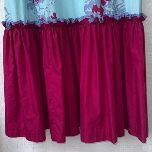 Vintage Mamo Howell MuuMuu Dress Maroon And Blue Ruffle Hawaiian Print Signed 16 - Picture 7 of 9